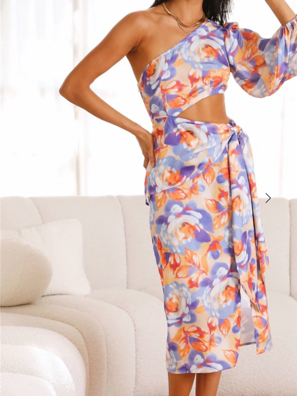 Hello Molly Floral One-Shoulder Cutout Sarong Cover-Up in Lavender & Orange